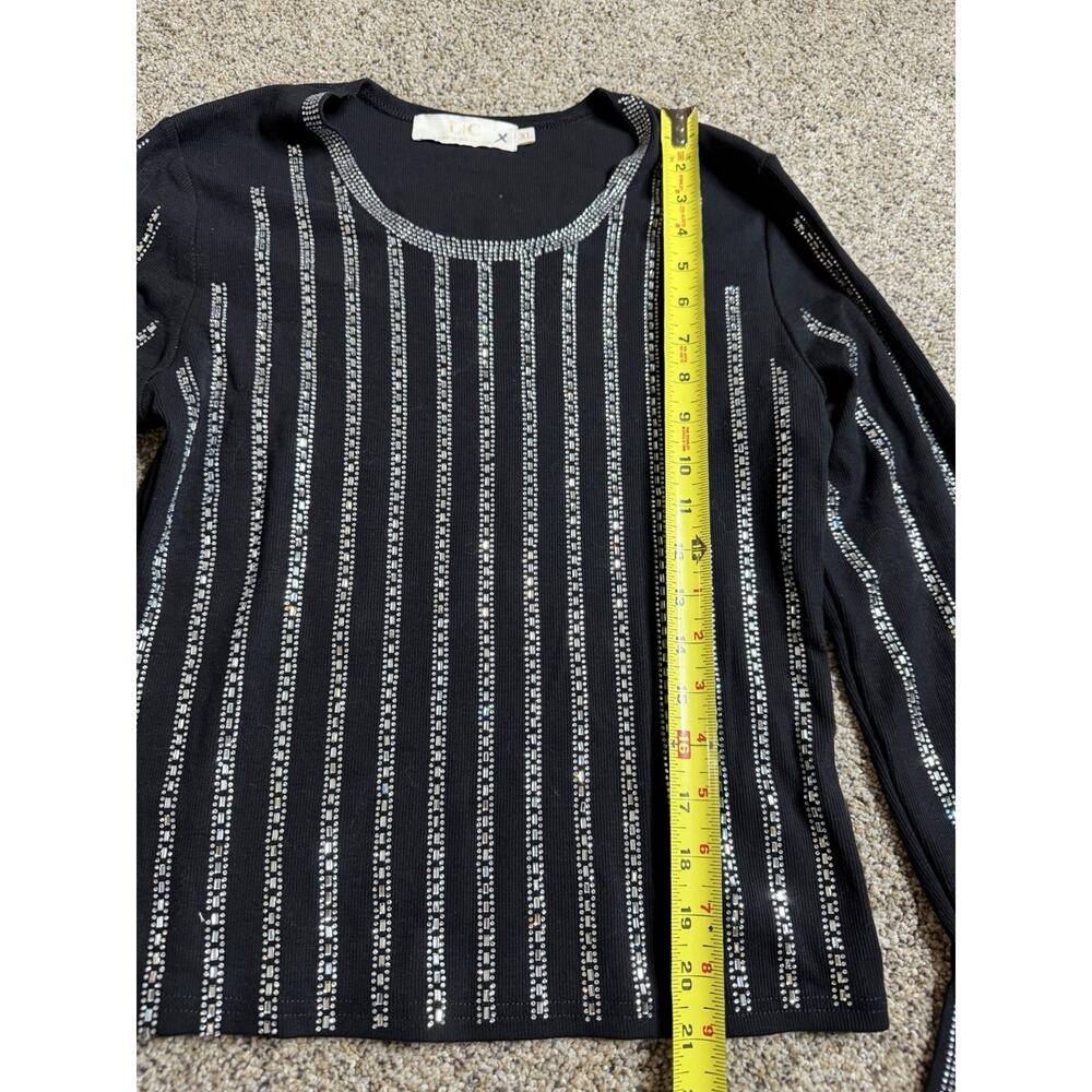 L!C Lizette Collection Black Top Rhinestone Front & Sleeves L/S Glam Sz XL - Picture 6 of 7